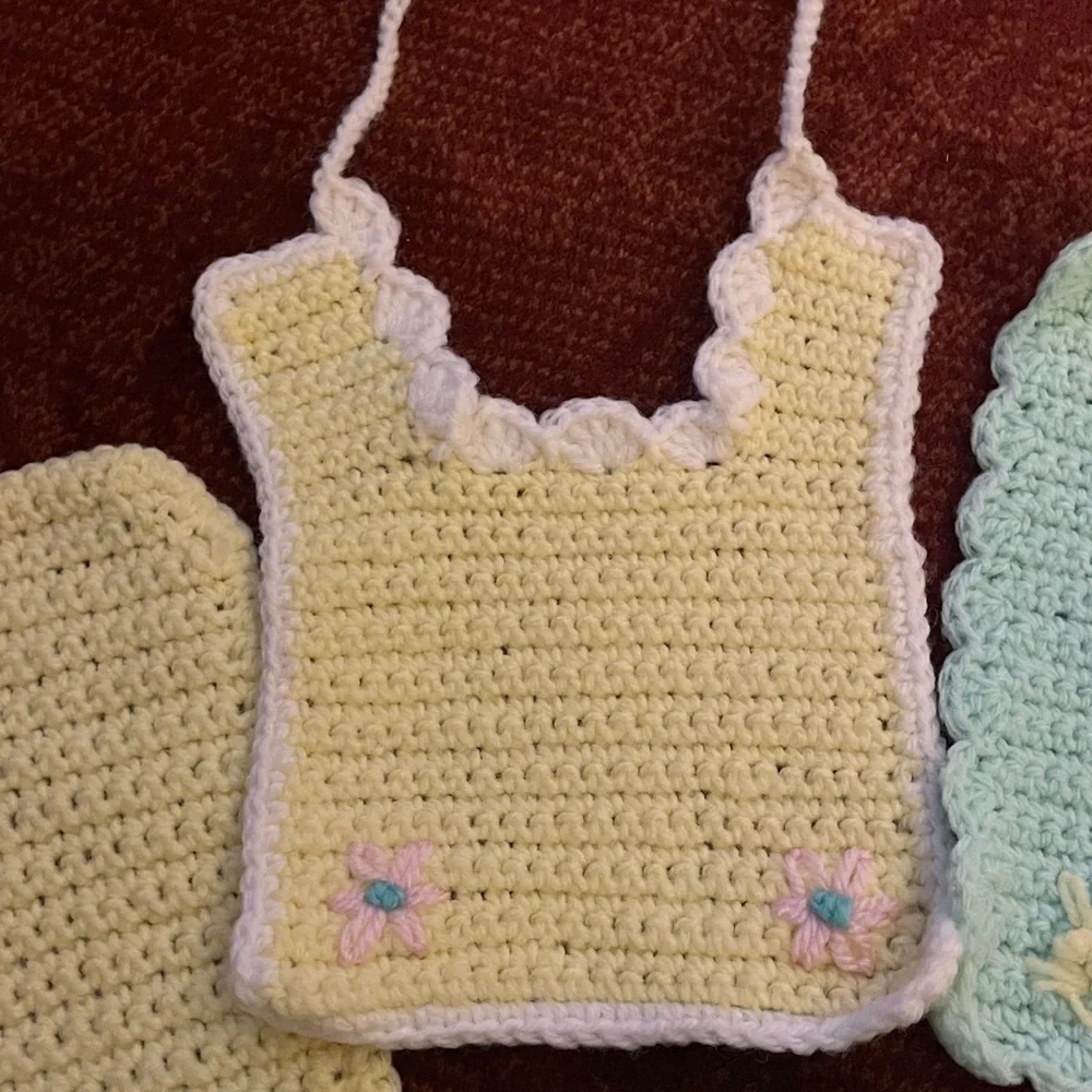 Five Crocheted Baby Bibs, Yellow/White; Green; Blue/White w/ Pink Flowers